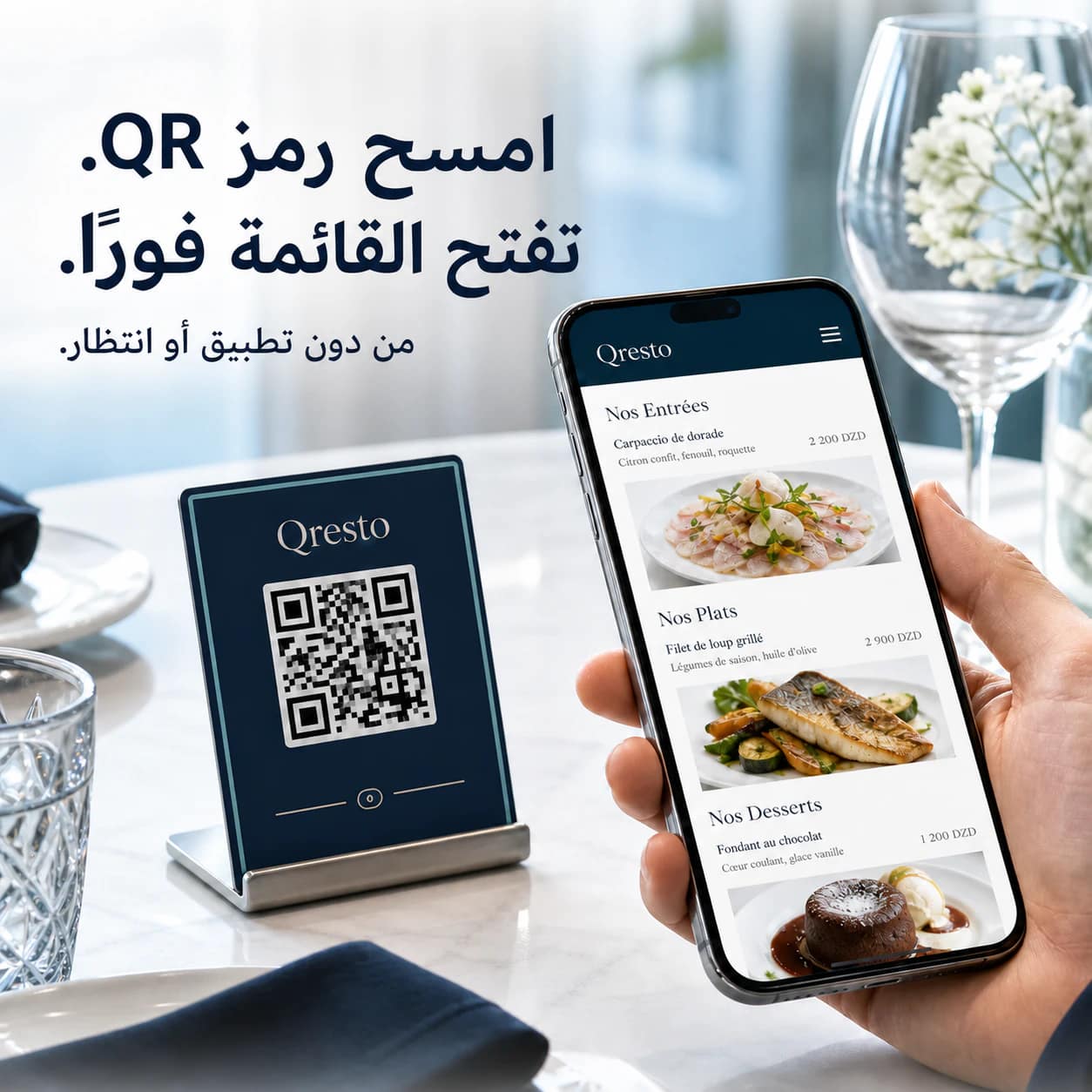 Téléphone scannant le QR code Qresto posé sur une table